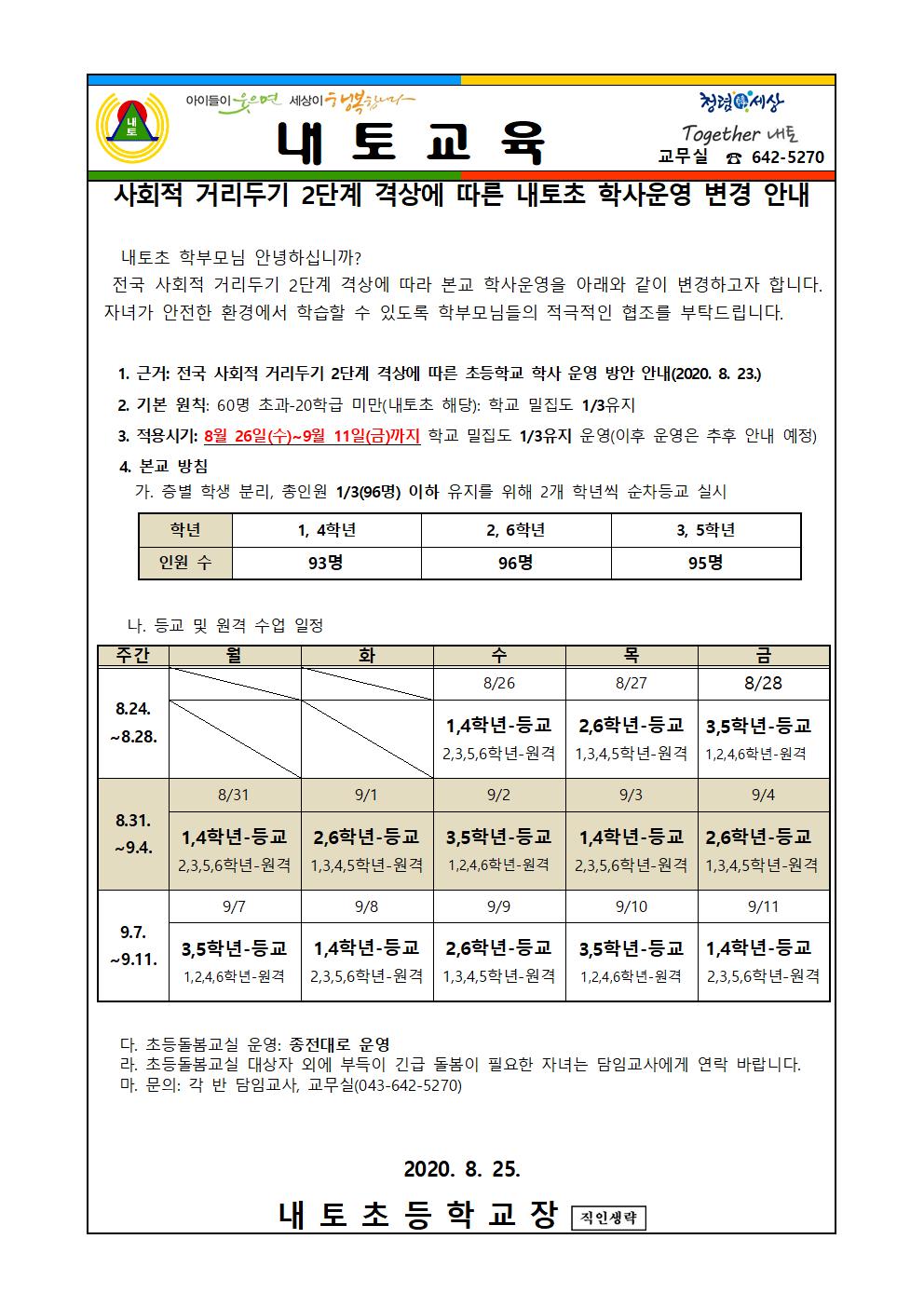 가정통신문(사회적 거리두기 2단계 격상 학사운영 변경 안내)001