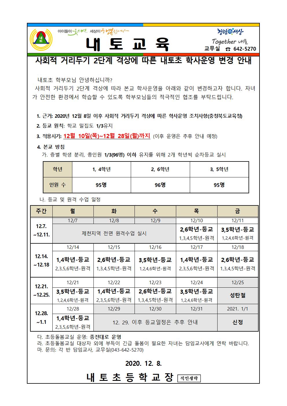 가정통신문(사회적 거리두기 2단계 격상 학사운영 변경 안내2020. 12. 8001